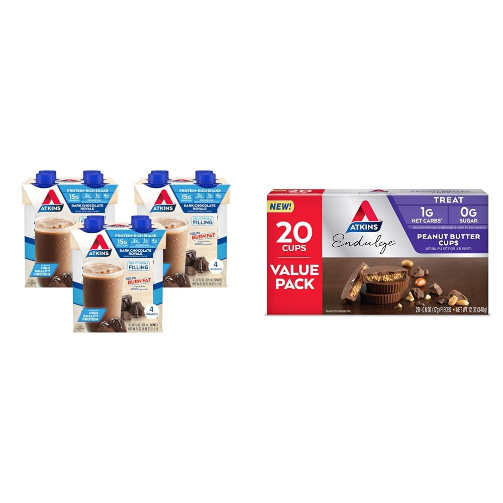 Dark Chocolate Protein Shake, 15g Protein, 2g Net Carb, 12 Count & Peanut Butter Cups, 0g Sugar, 20 Count T375708