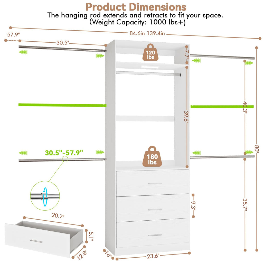 Wooden 11FT Closet Organizer with 3 Drawers and 4 Hanging Rods White X672018