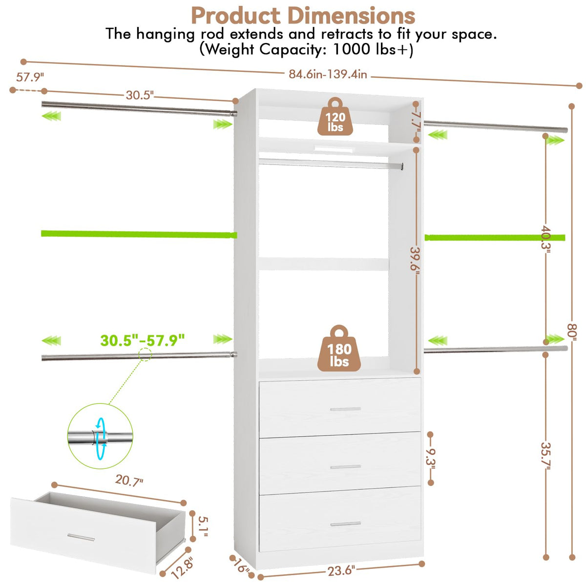 Wooden 11FT Closet Organizer with 3 Drawers and 4 Hanging Rods White X672018
