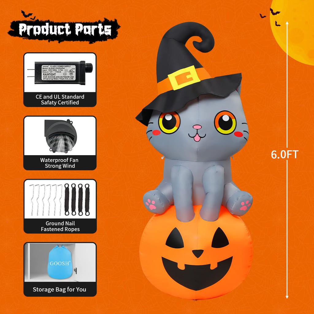 6 FT Halloween Inflatables Cat with Built-in LEDs E800799