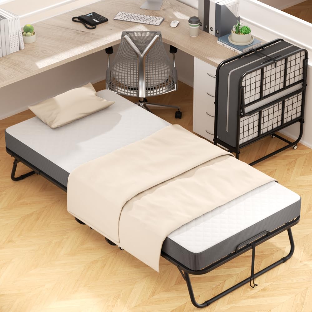 Foldable Single Bed with 5" Memory Foam Mattress and Wheels O96149