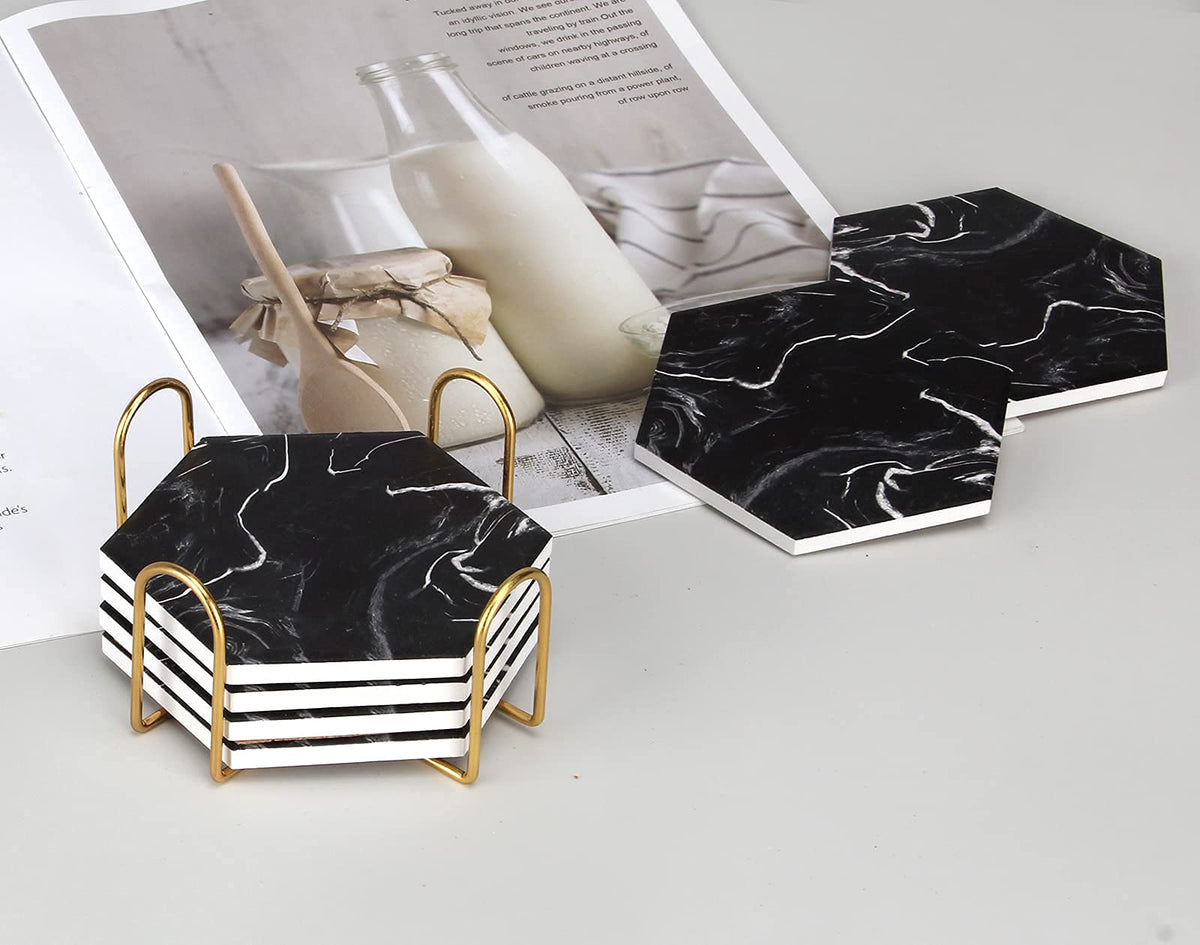 Black Marble Coaster Set with Holder Y300644