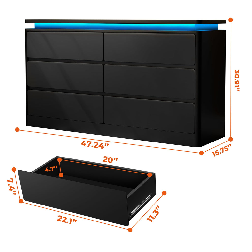 Black 6 Drawer Wood Dresser with Charging Station B138