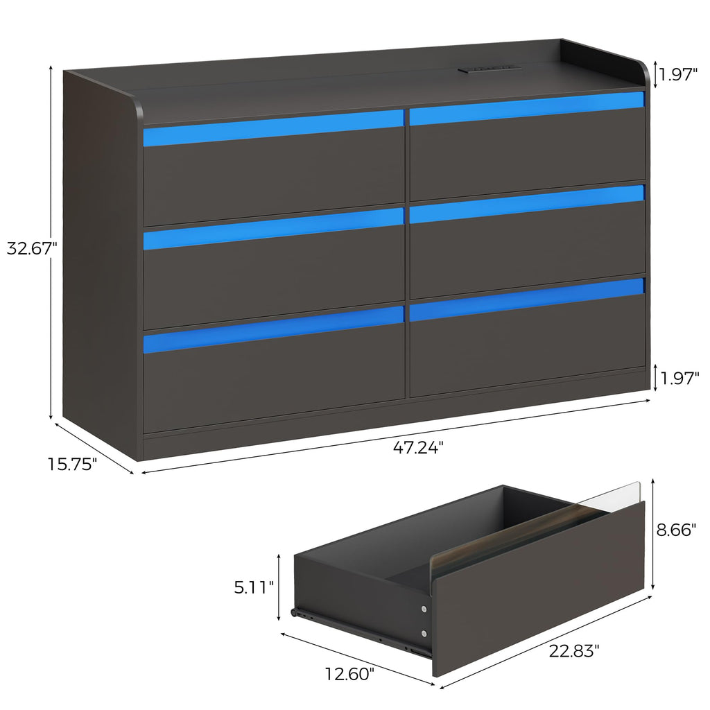Black Dresser with Power Outlet and LED Lights I674