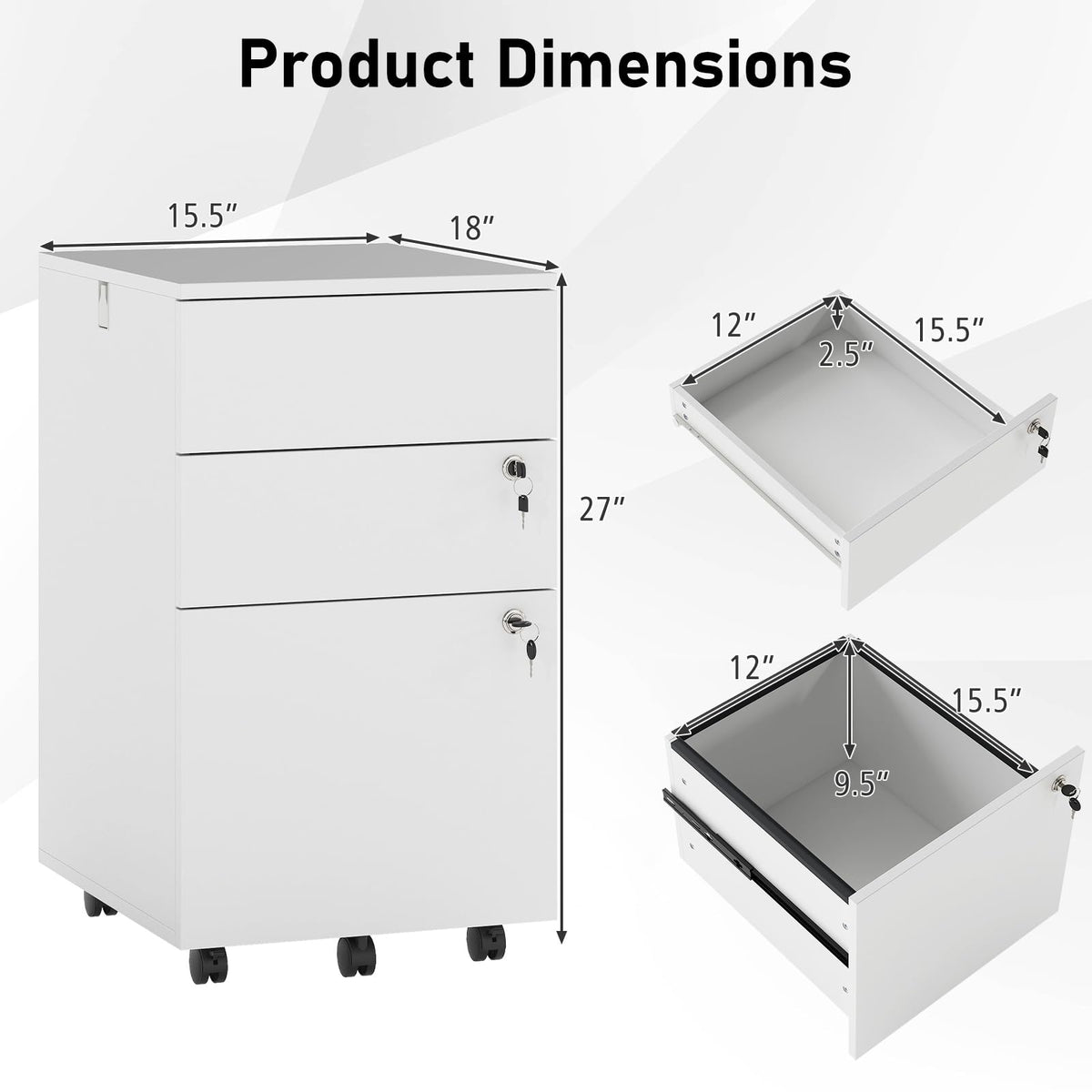 White 3 Drawer File Cabinet with Lock F76004