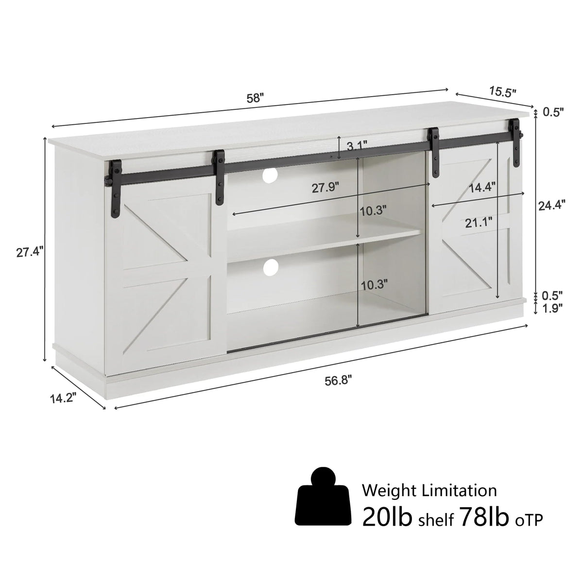White 65 Inch TV Stand with Sliding Barn Doors and Storage D362