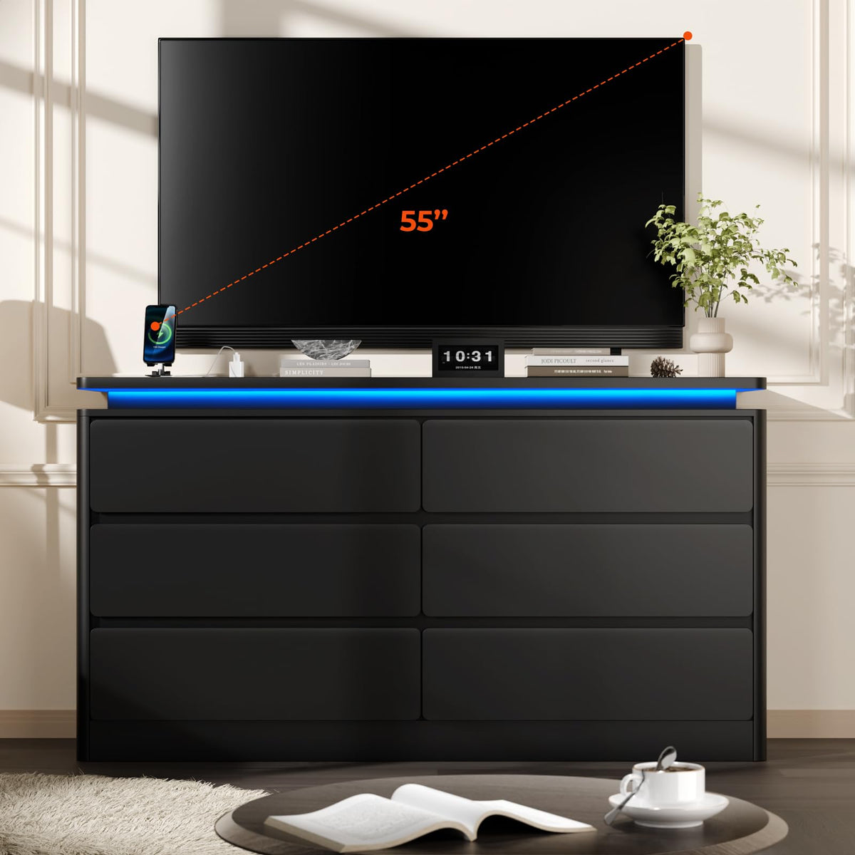 Black 6 Drawer Wood Dresser with Charging Station B138