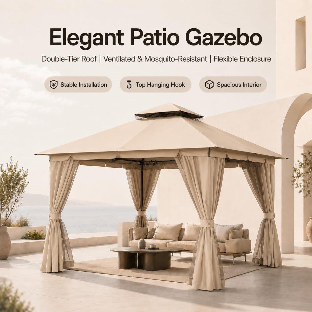 10'x10' Heavy Duty Metal Outdoor Gazebo with Double Roof, Mosquito Netting & Privacy Curtains, Khaki M48836