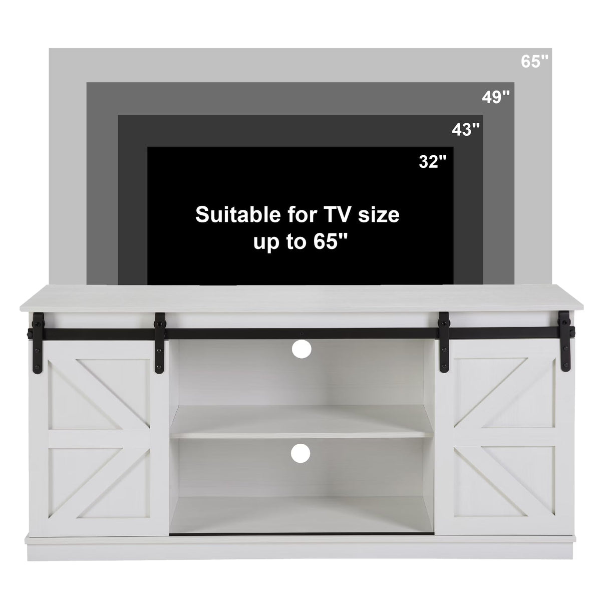 White 65 Inch TV Stand with Sliding Barn Doors and Storage D362