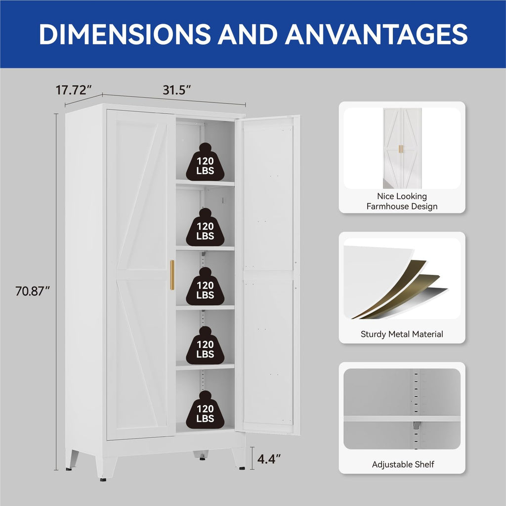 Metal Wardrobe Closet with Doors, 71'' Tall Steel Armoire with Shelves V85028