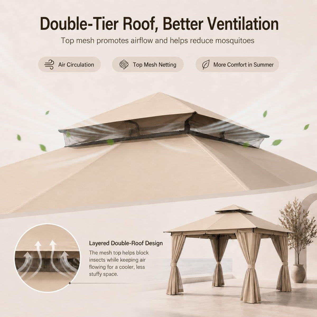 10'x10' Heavy Duty Metal Outdoor Gazebo with Double Roof, Mosquito Netting & Privacy Curtains, Khaki M48836