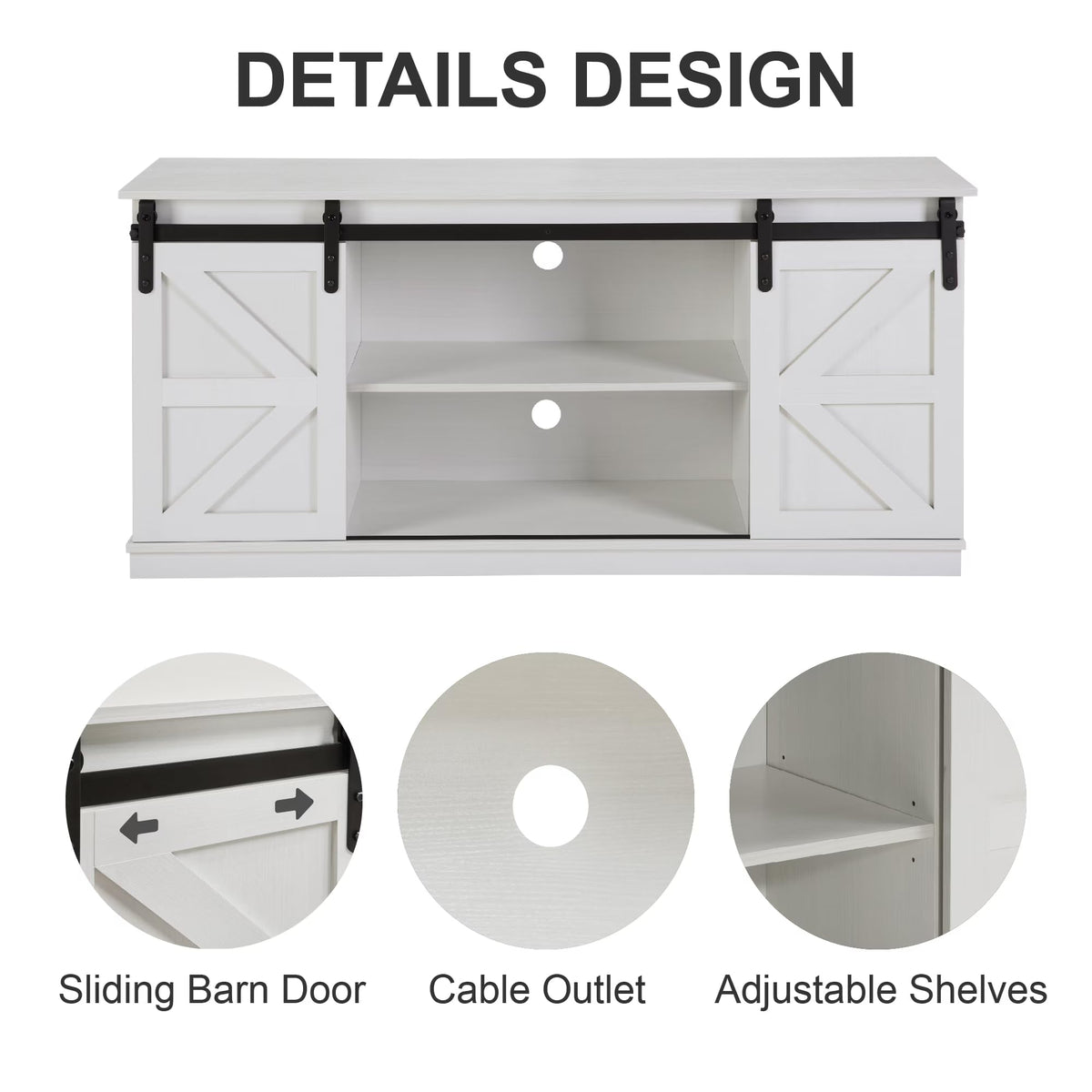 White 65 Inch TV Stand with Sliding Barn Doors and Storage D362