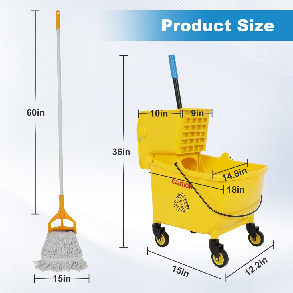 35 Qt Yellow Mop Bucket with Wringer on Wheels and Mops Set G9269