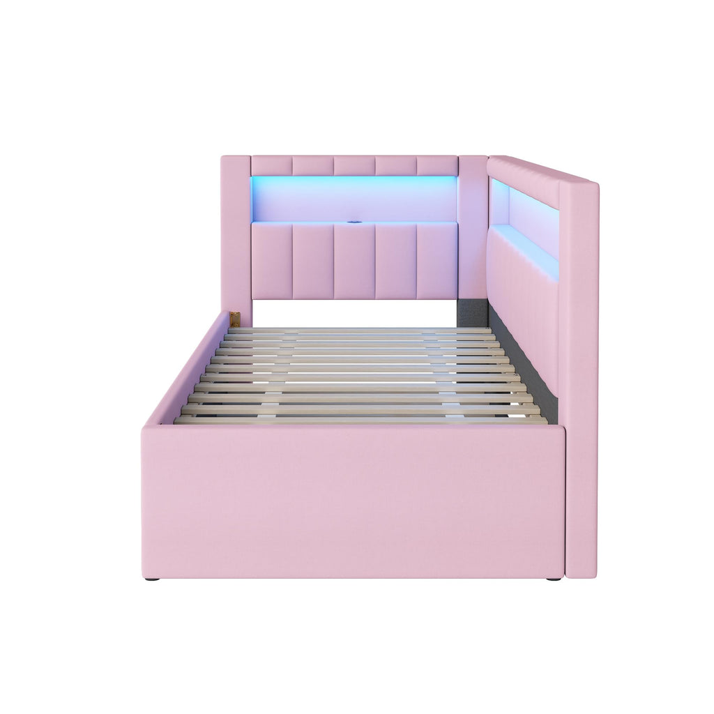 Twin Size Upholstered Platform Bed with Trundle and USB Ports Q94101