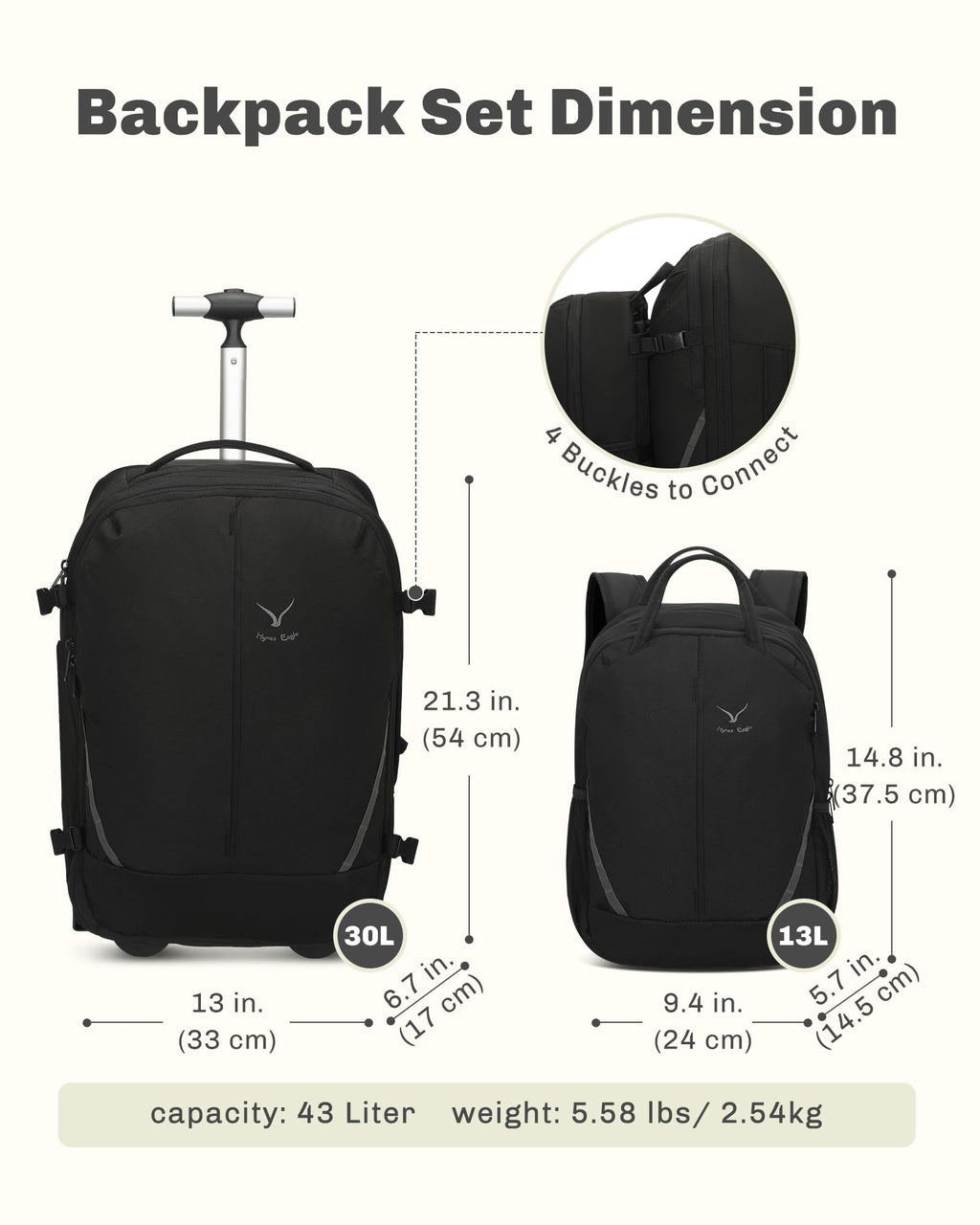 Rolling Backpack with Wheels 43L with Waist Pack Beige Q85132