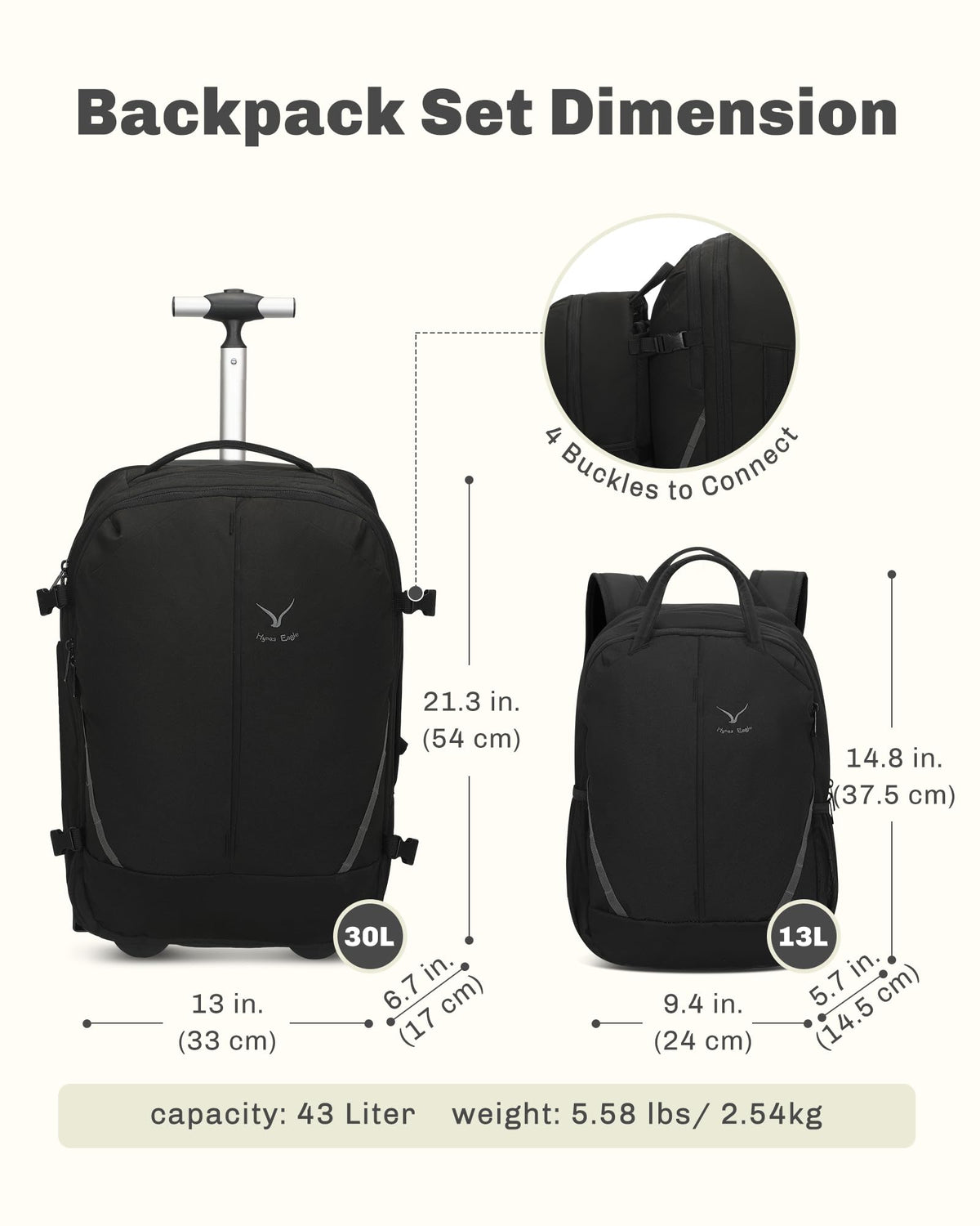 Rolling Backpack with Wheels 43L with Waist Pack Beige Q85132