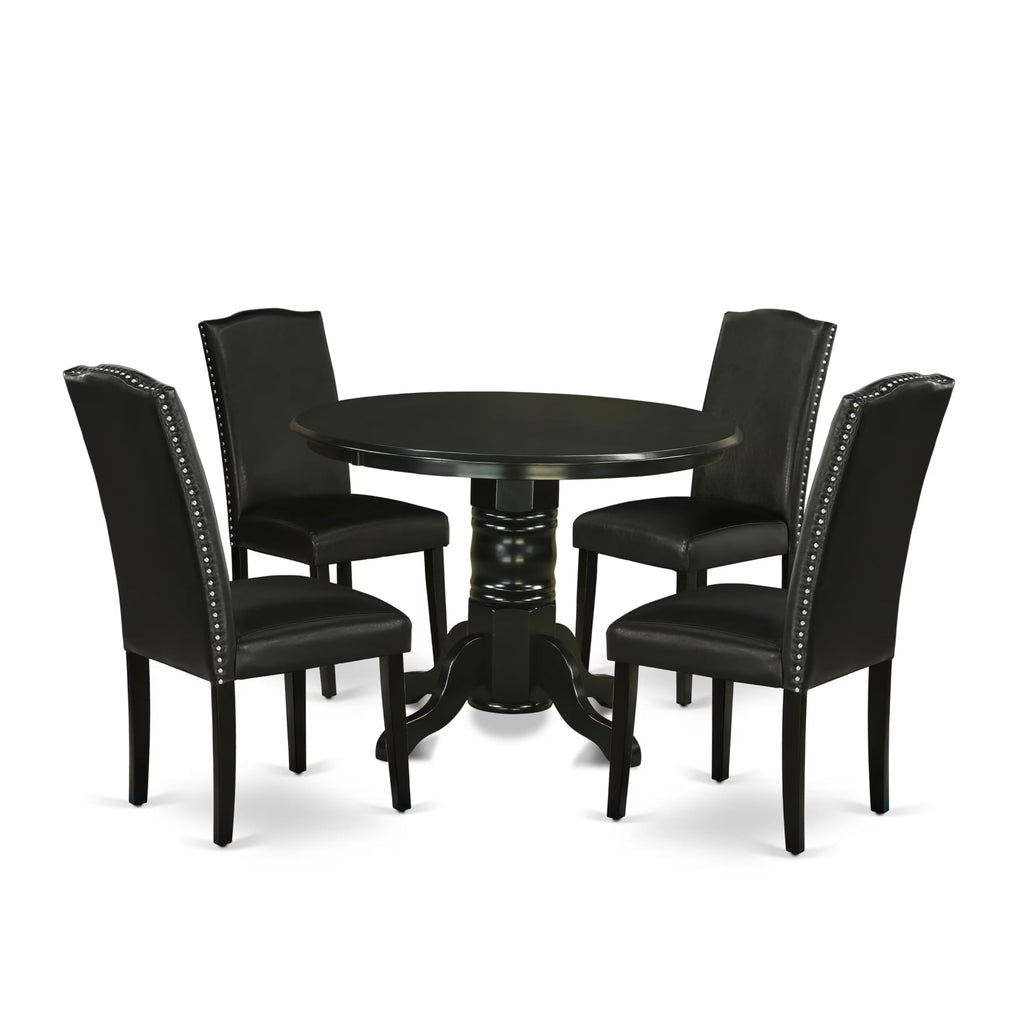 5 Piece Round Dining Table Set with 4 Black Faux Leather Chairs Y741827
