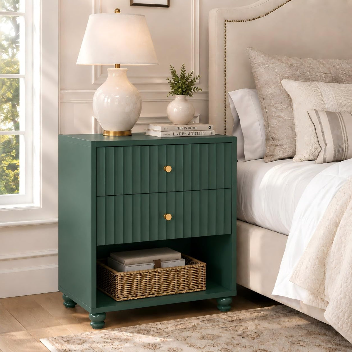 Green 2 Drawer Nightstand with Open Shelf V98071