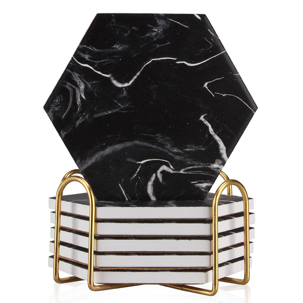 Black Marble Coaster Set with Holder Y300644