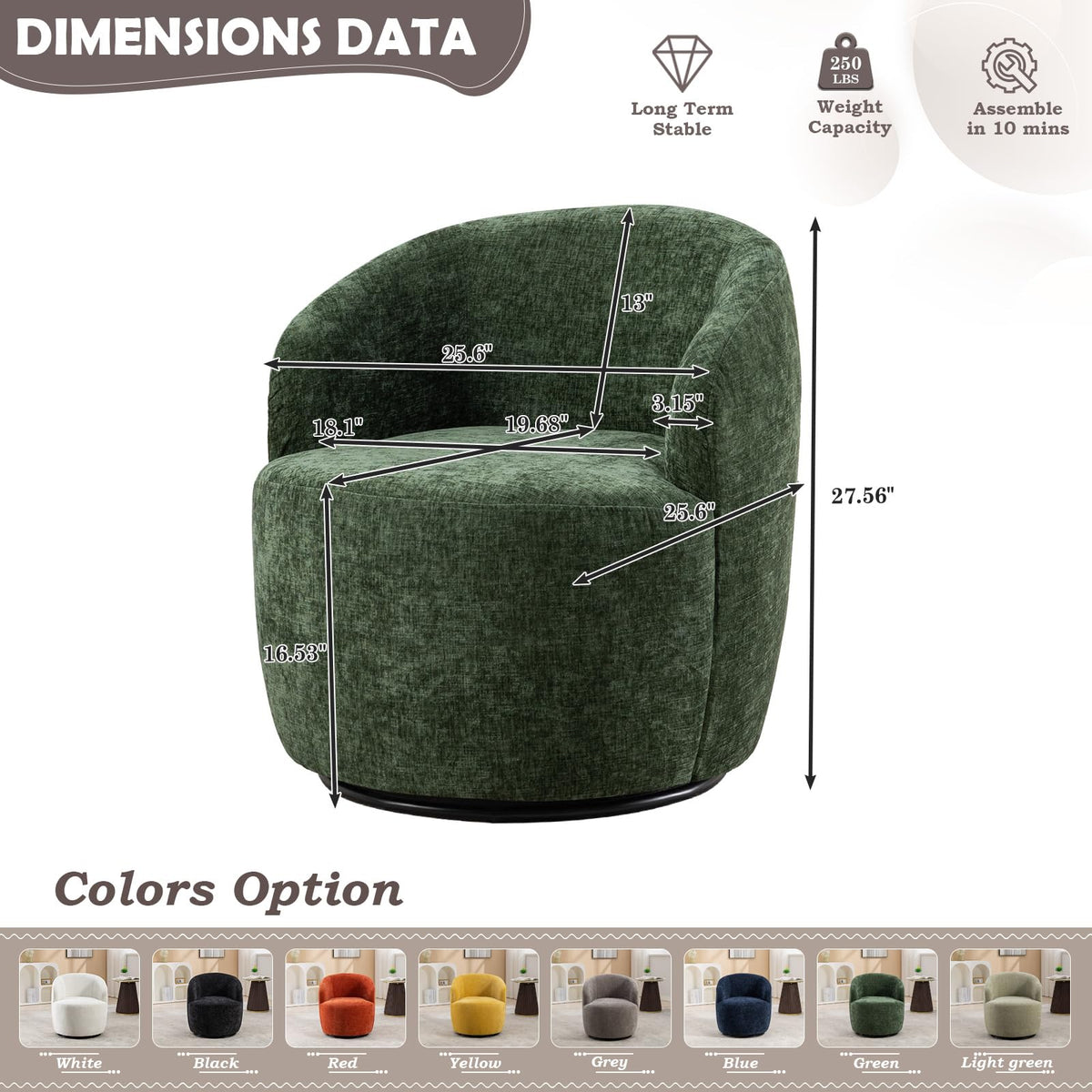 Green Chenille Swivel Barrel Chair V9717