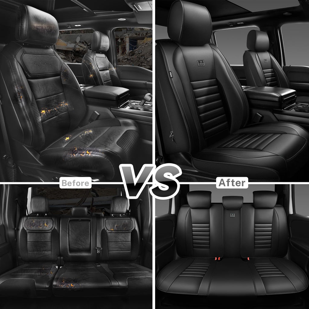 Nappa Leather Car Seat Covers Full Set, Waterproof Anti-Slip, Black E936