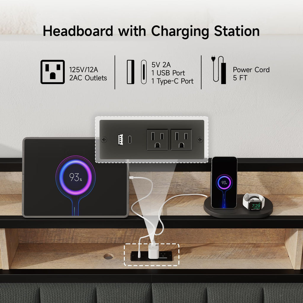 King Headboard with Storage and Charging Station R9432
