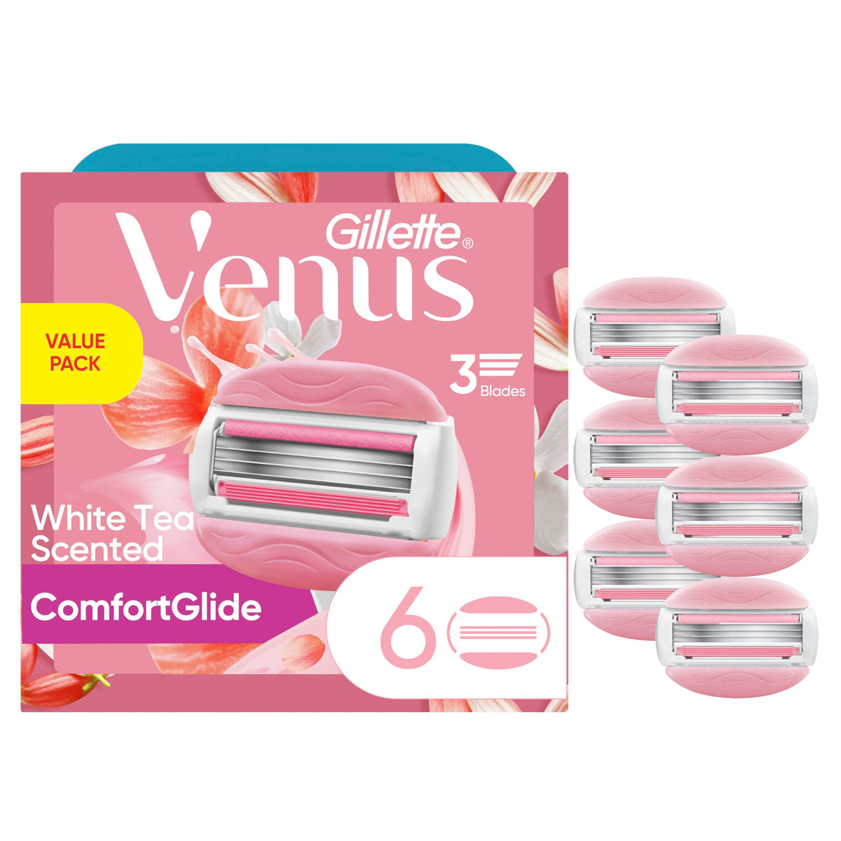 White Tea 3-Blade Razor Refills, 6 Count F350352