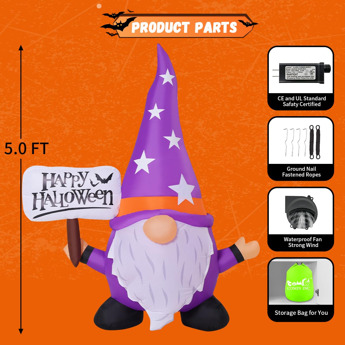 5FT Halloween Inflatable Gnome Yard Decor with LEDs I409354