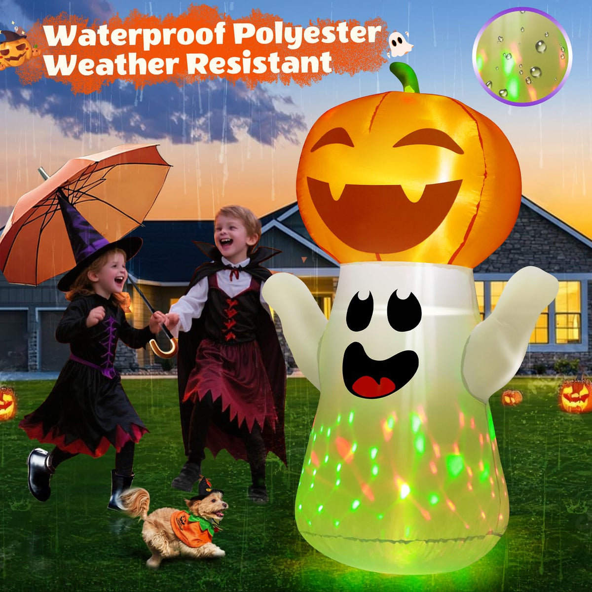 5FT Halloween Inflatables Pumpkin Ghost Built-in 3-Pattern Colorful Flashing Light T480635
