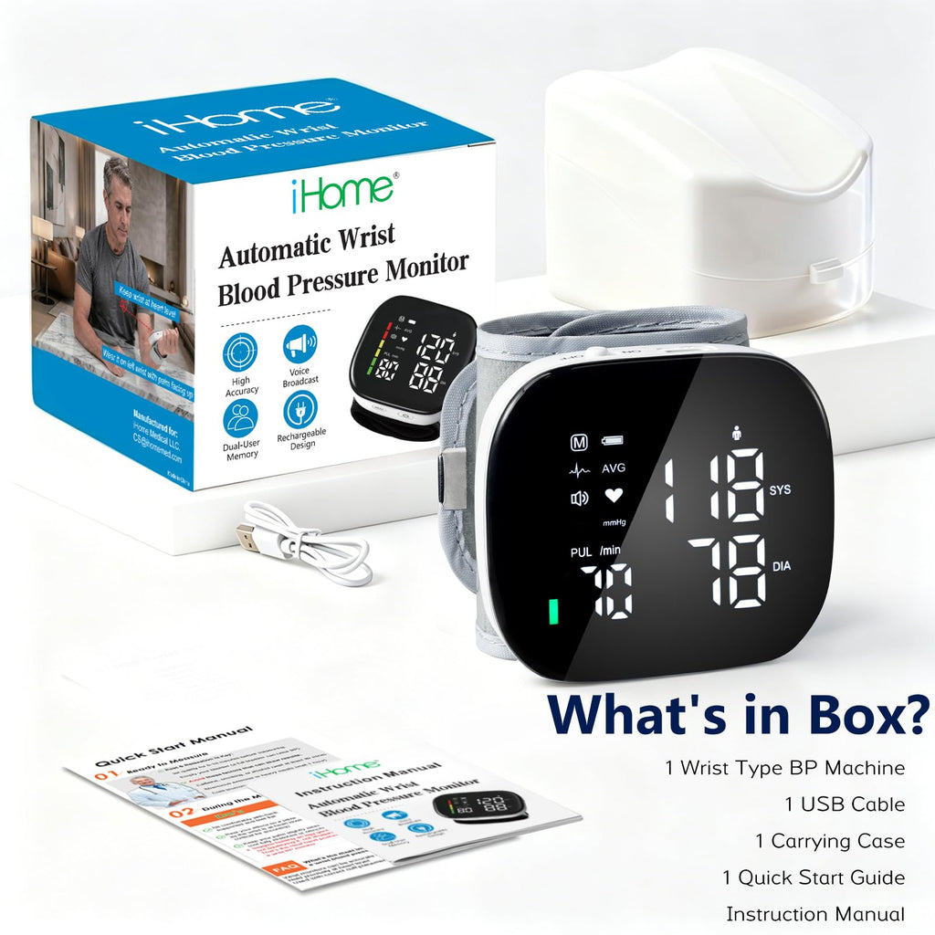 Wrist Blood Pressure Monitor Rechargeable Digital Voice Broadcast LED Backlit 199 Memory Storage for 2 Users with Carrying Case U686708