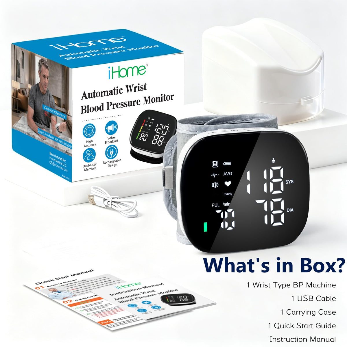 Wrist Blood Pressure Monitor Rechargeable Digital Voice Broadcast LED Backlit 199 Memory Storage for 2 Users with Carrying Case U686708
