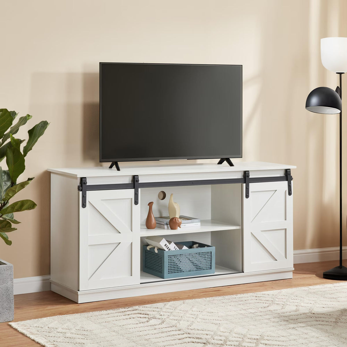 White 65 Inch TV Stand with Sliding Barn Doors and Storage D362