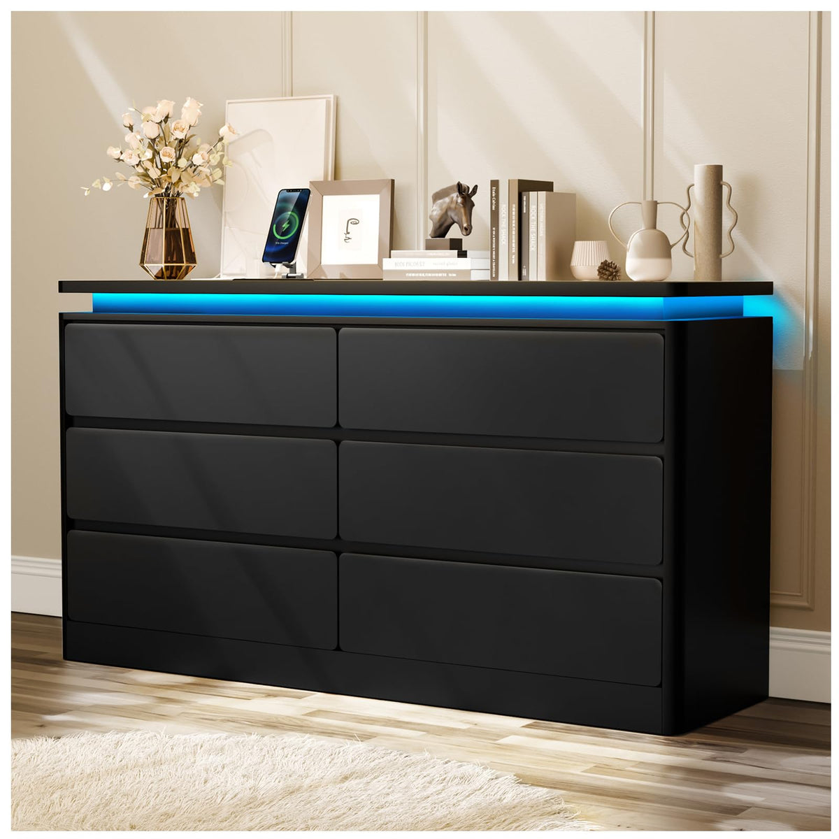 Black 6 Drawer Wood Dresser with Charging Station B138
