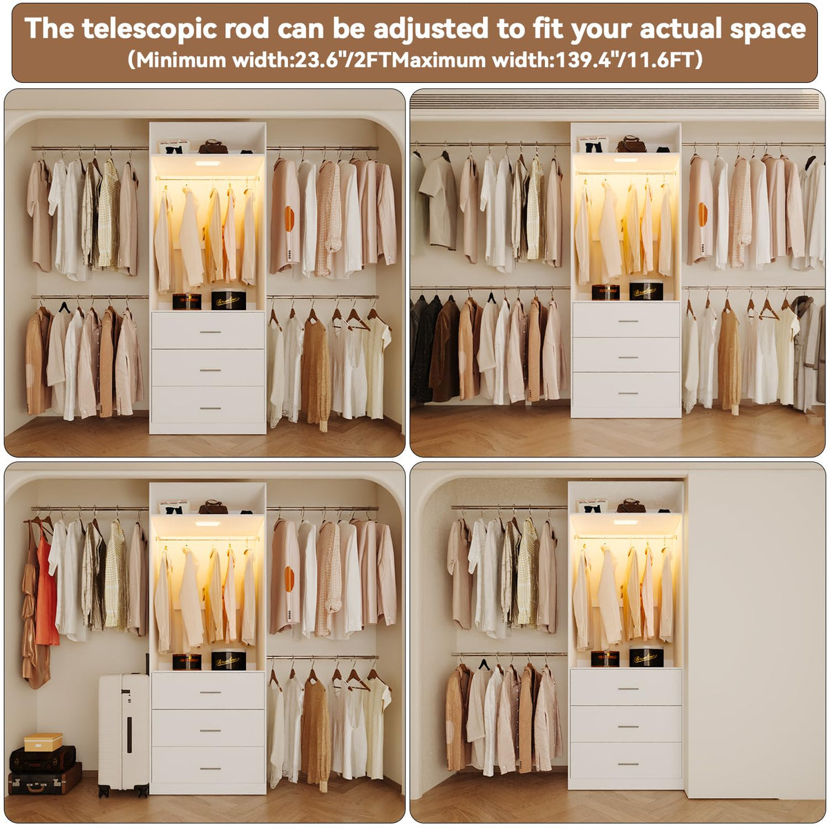 Wooden 11FT Closet Organizer with 3 Drawers and 4 Hanging Rods White X672018