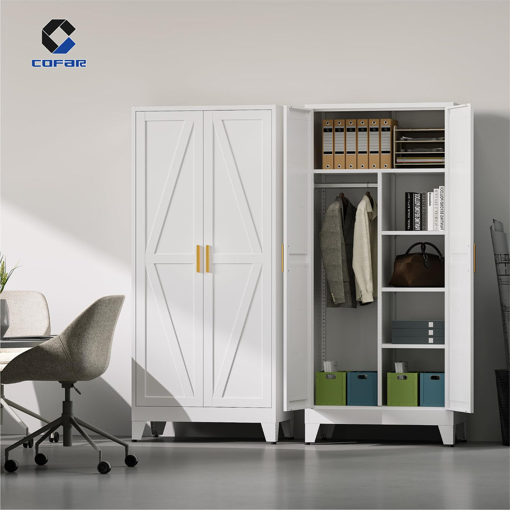 Metal Wardrobe Closet with Doors, 71'' Tall Steel Armoire with Shelves V85028