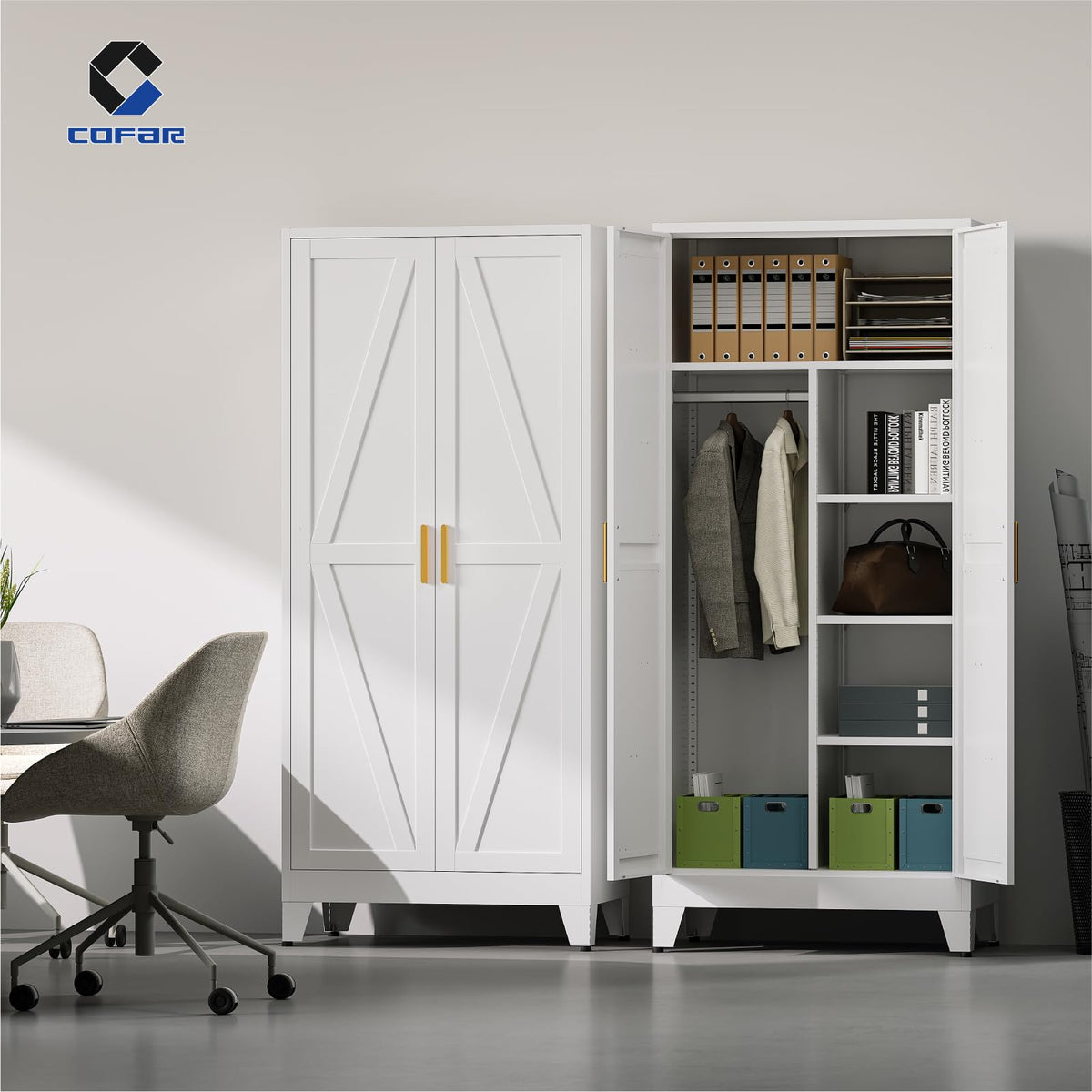 Metal Wardrobe Closet with Doors, 71'' Tall Steel Armoire with Shelves V85028