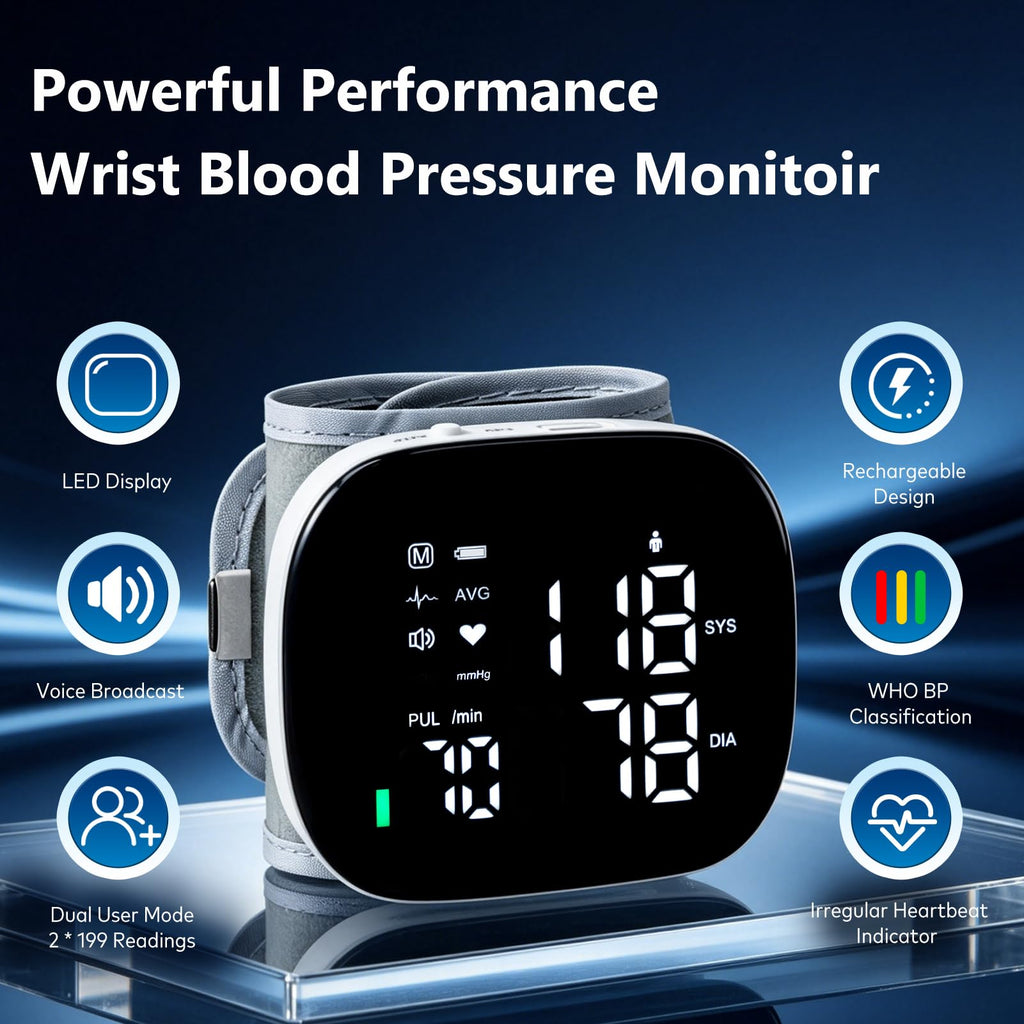 Wrist Blood Pressure Monitor Rechargeable Digital Voice Broadcast LED Backlit 199 Memory Storage for 2 Users with Carrying Case U686708