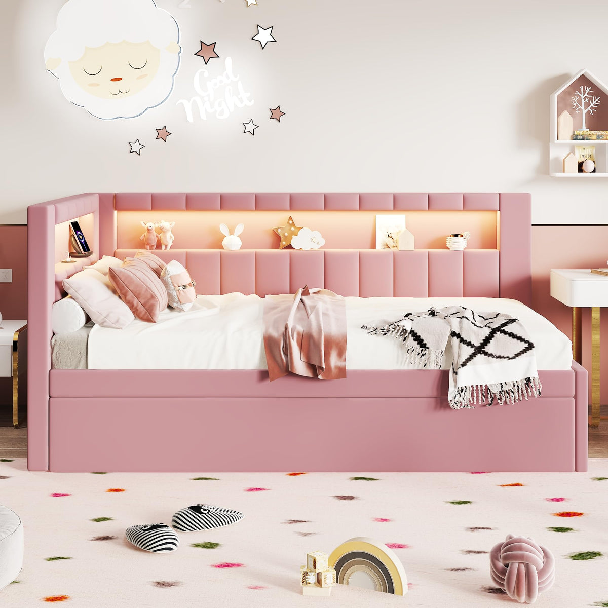 Twin Size Upholstered Platform Bed with Trundle and USB Ports Q94101