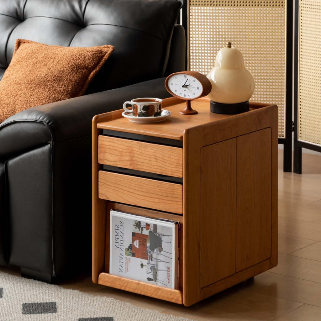 Solid Cherry Wood Side Table with Wheels R592