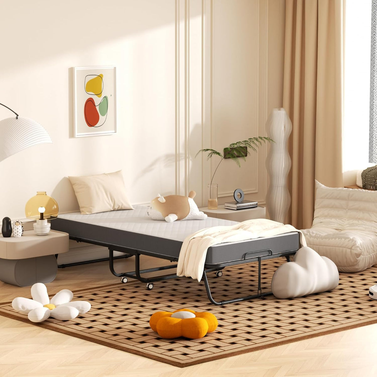 Foldable Single Bed with 5" Memory Foam Mattress and Wheels O96149
