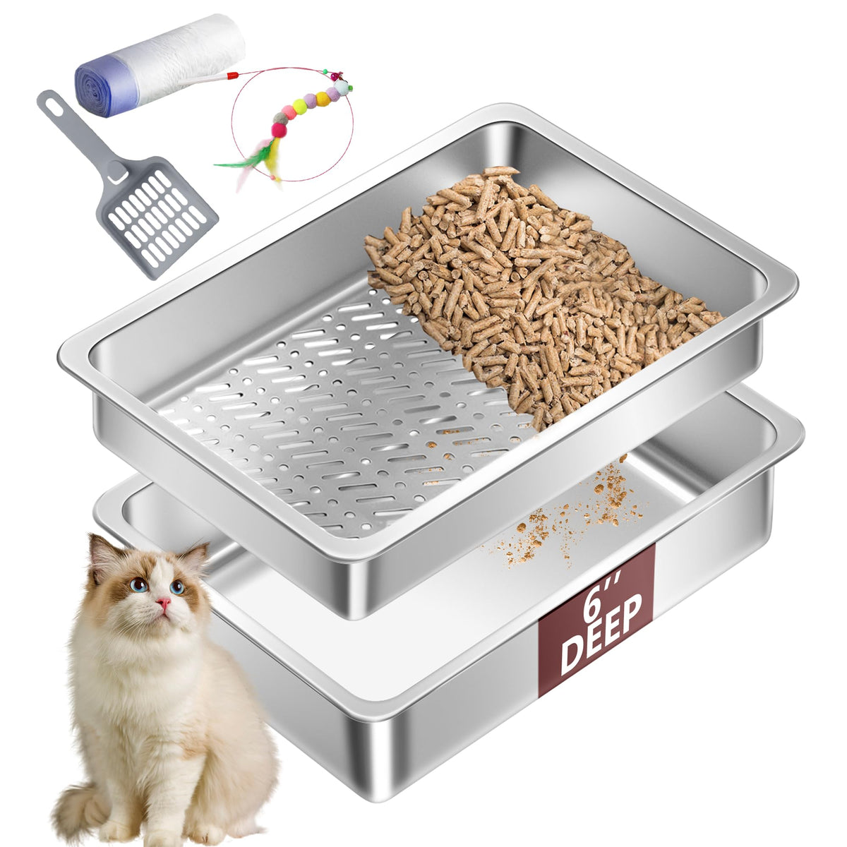 XL Stainless Steel Sifting Cat Litter Box with Scoop G380239