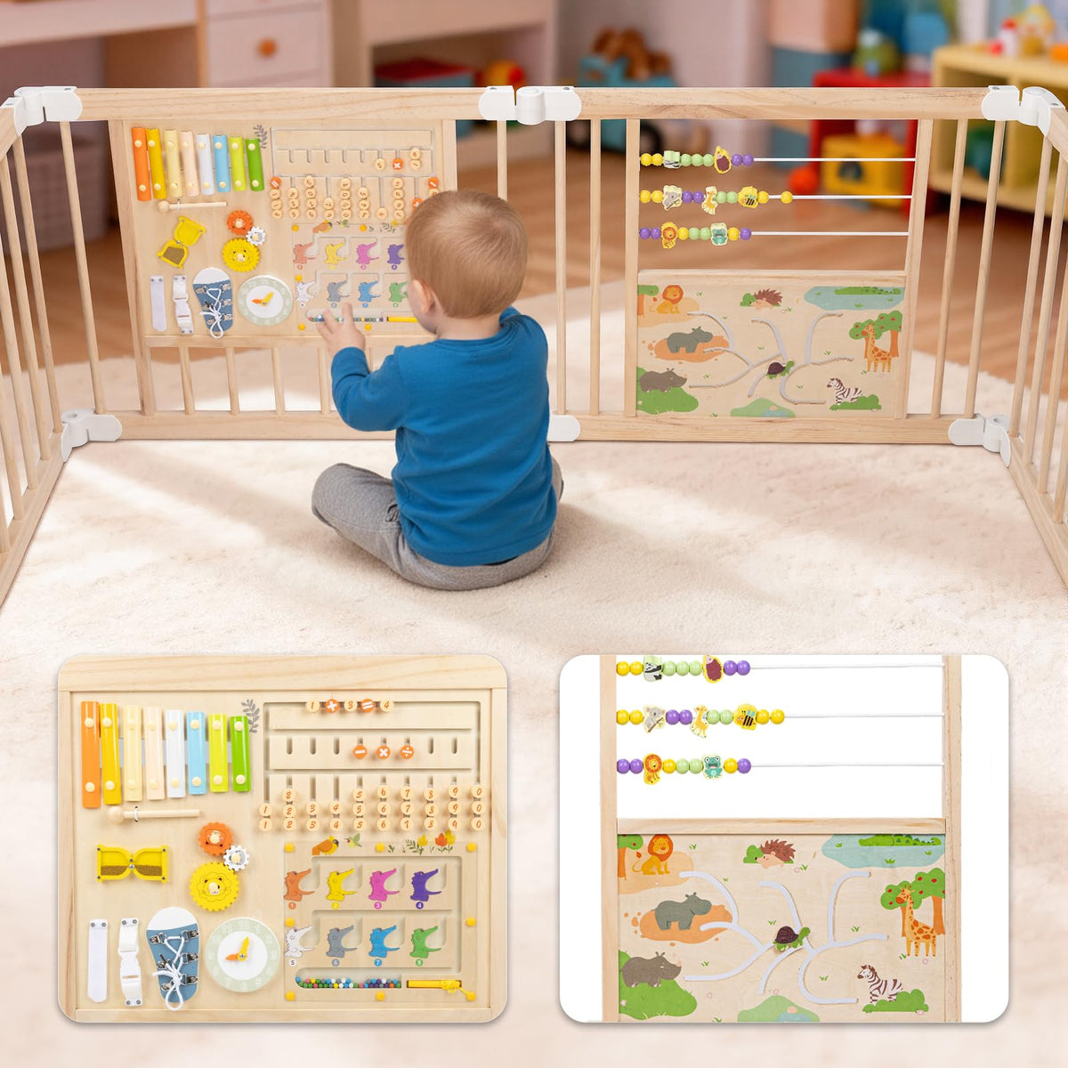 Foldable Wooden Baby Playpen with Toy Set E3185