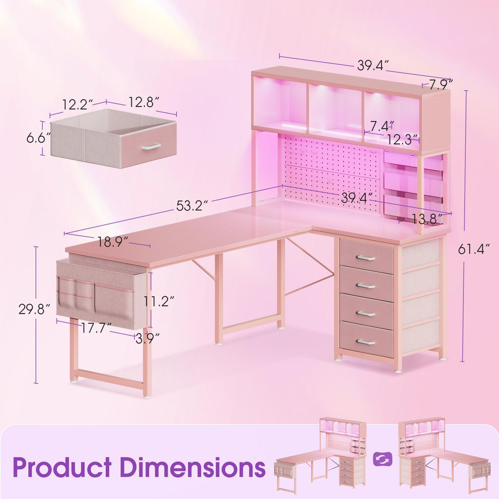 53" L Shaped Gaming Desk with Pegboard, Hutch & 4 Drawers, Pink E47827
