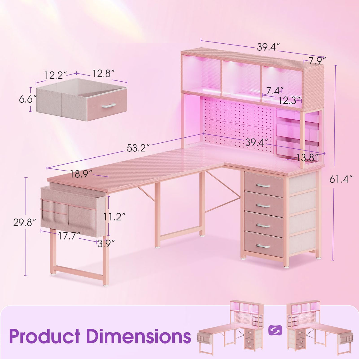53" L Shaped Gaming Desk with Pegboard, Hutch & 4 Drawers, Pink E47827