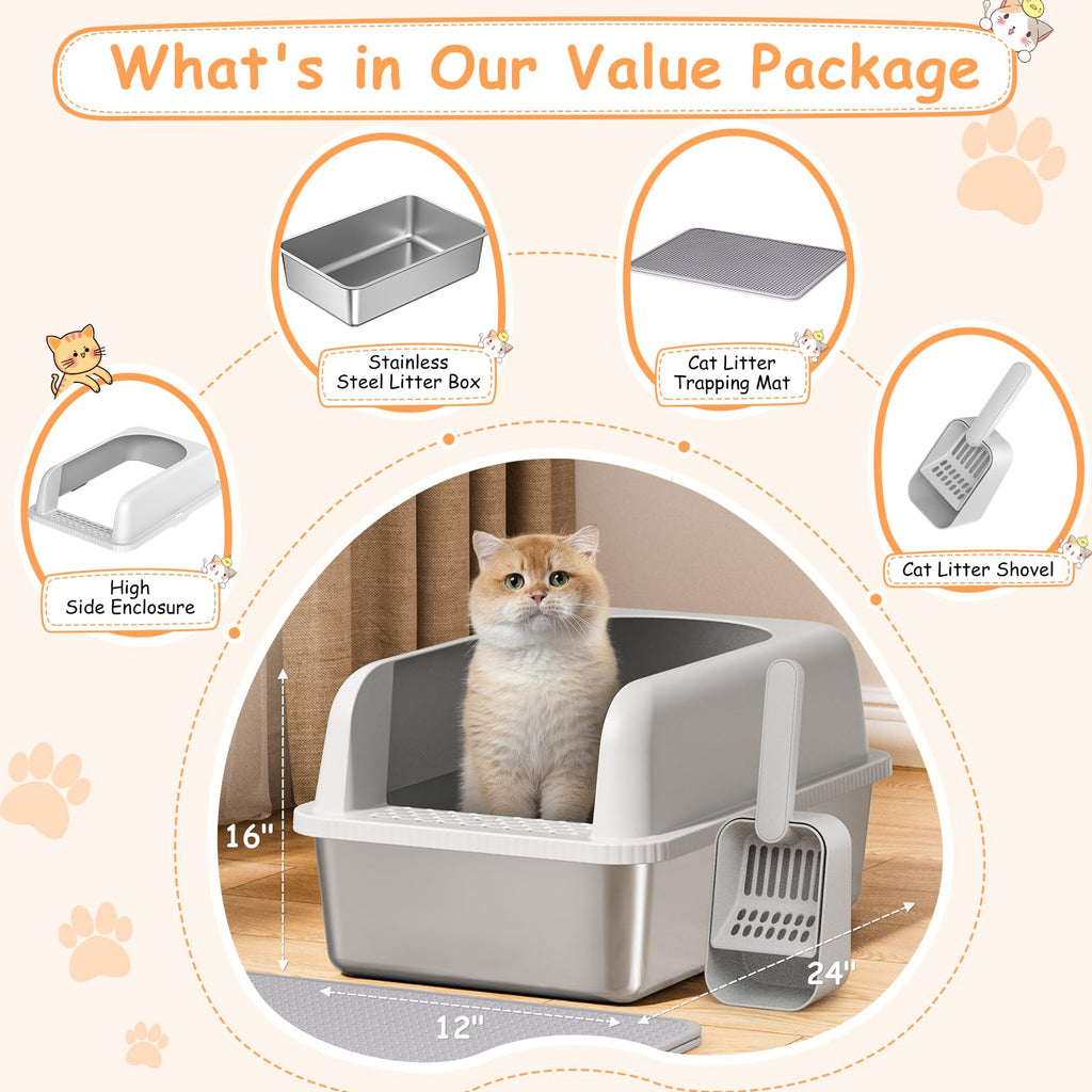 Stainless Steel Extra Large Enclosed Cat Litter Box with Lid and Mat W18600