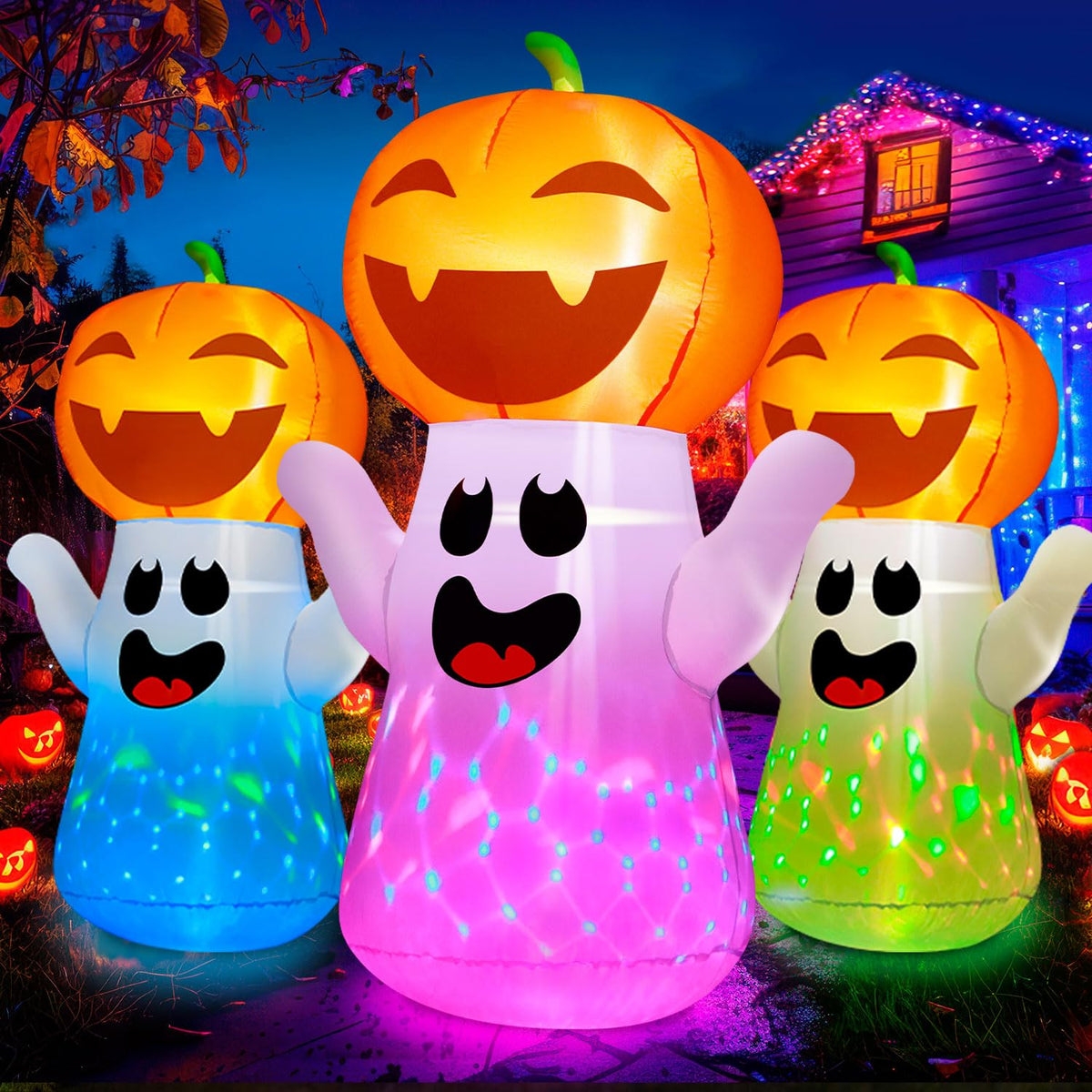 5FT Halloween Inflatables Pumpkin Ghost Built-in 3-Pattern Colorful Flashing Light T480635
