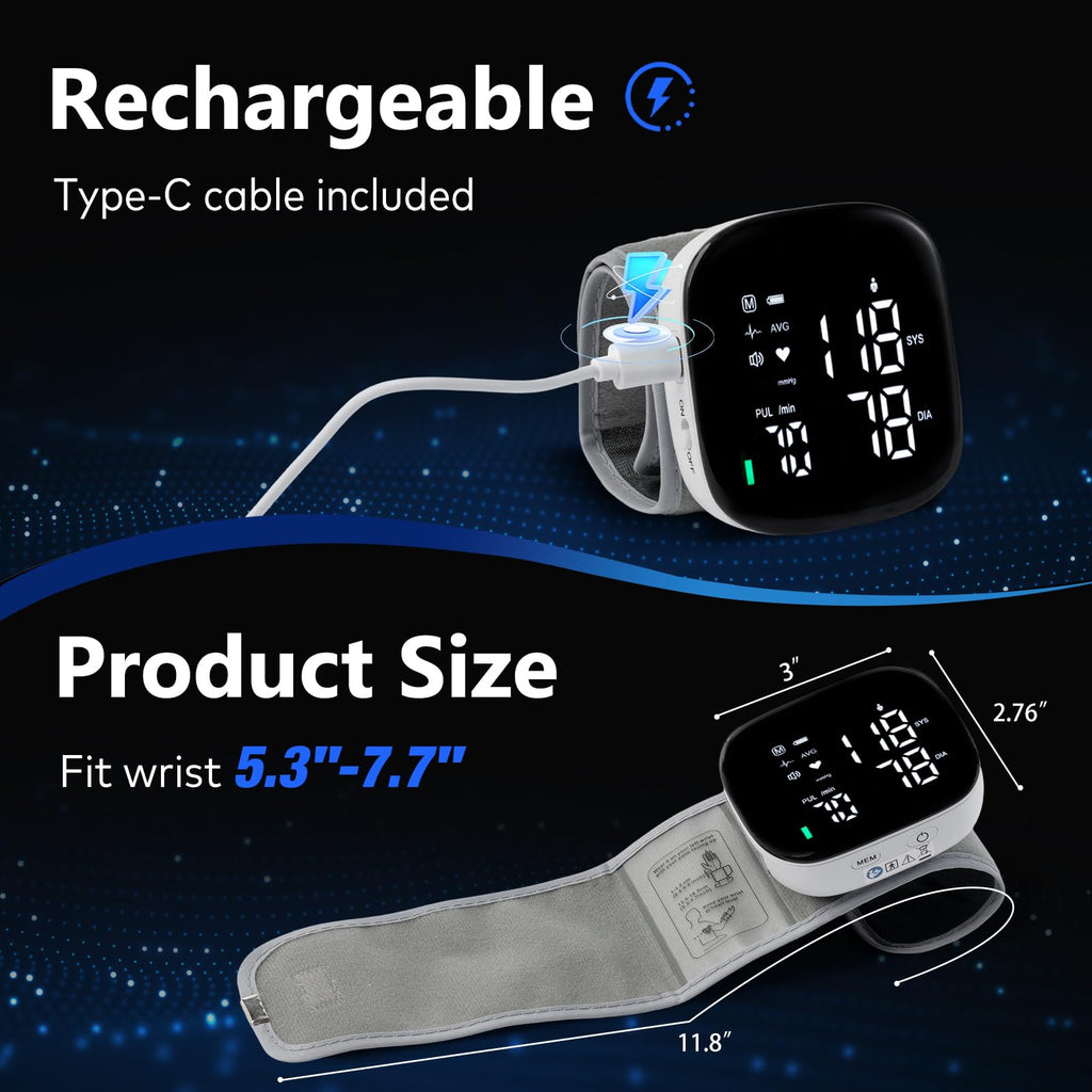 Wrist Blood Pressure Monitor Rechargeable Digital Voice Broadcast LED Backlit 199 Memory Storage for 2 Users with Carrying Case U686708