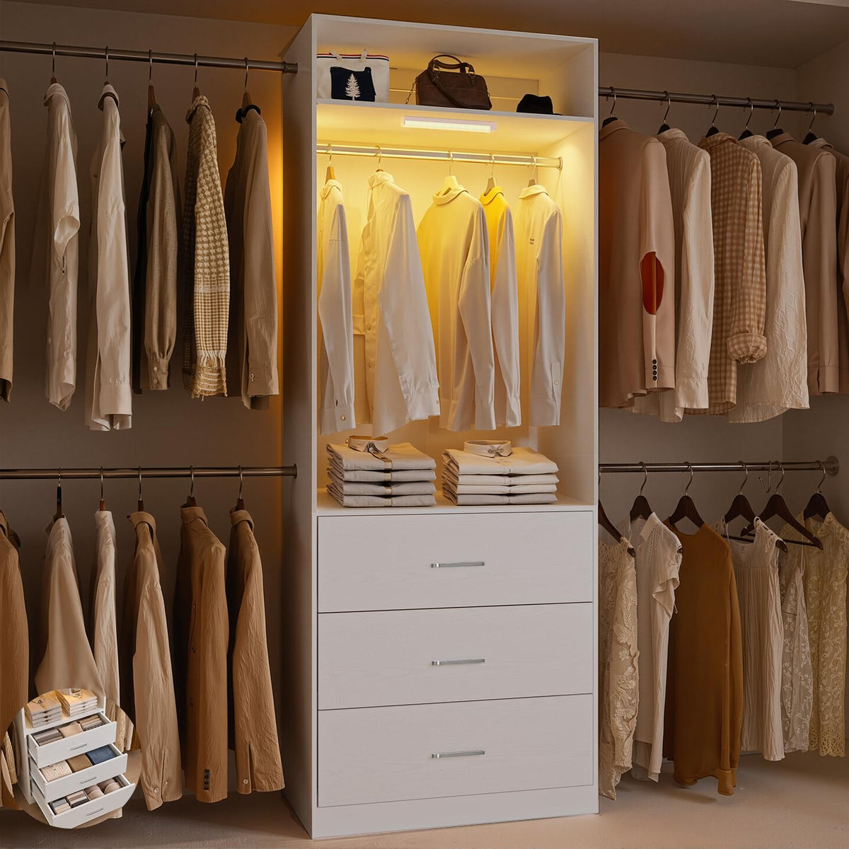 Wooden 11FT Closet Organizer with 3 Drawers and 4 Hanging Rods White X672018