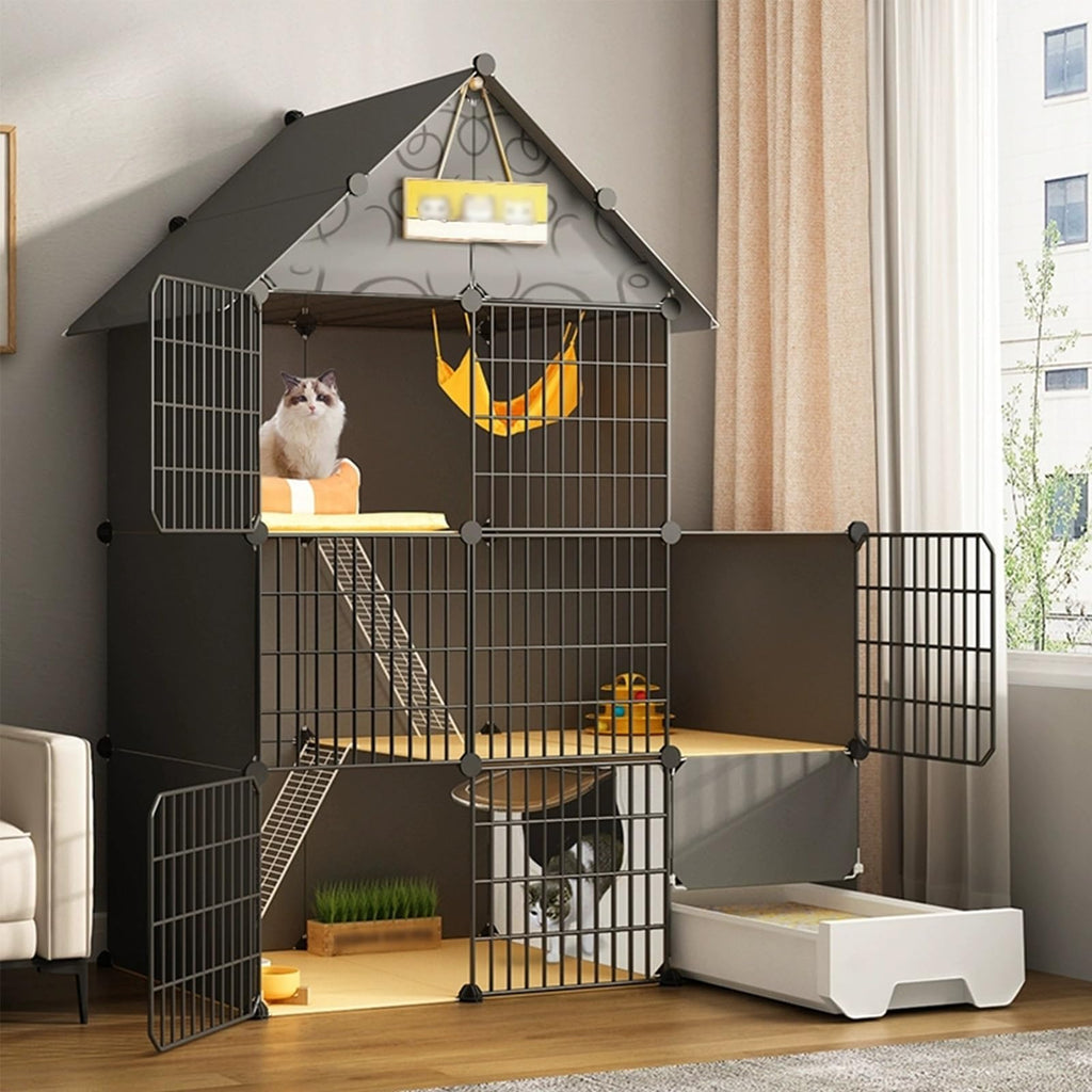 Large 3-Tier Detachable Metal Wire Cat Kennel with Litter Box and Hammock Y4774