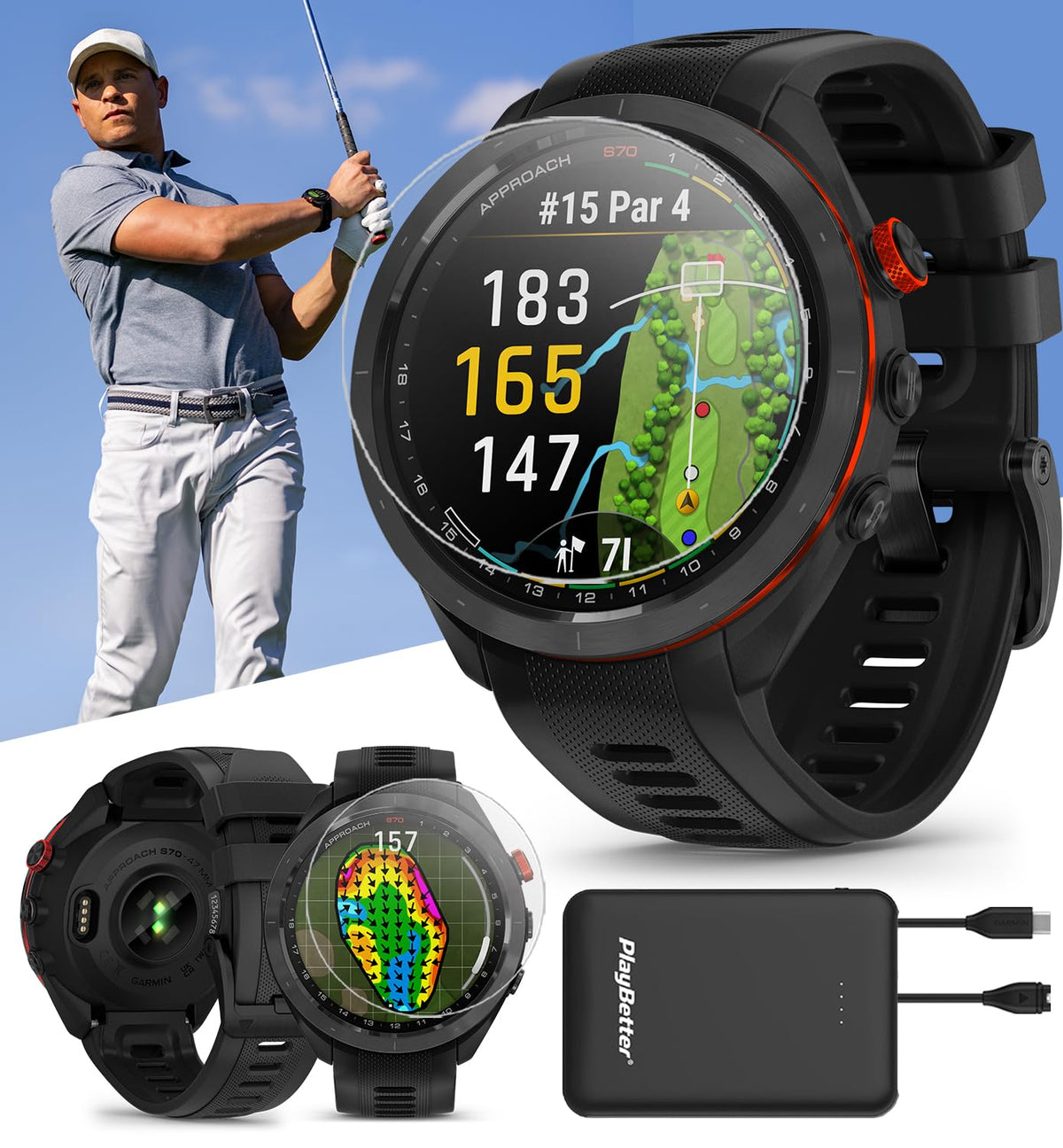 Black 47mm Golf GPS Smartwatch O5284